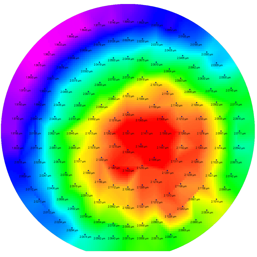 Color-coded wafer map showing thickness uniformity of 2-micron aluminum film measured by eddy current